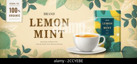 Lemon mint tea banner ads with engraving ingredients frame, 3d illustration tea cup and packaging Stock Vector
