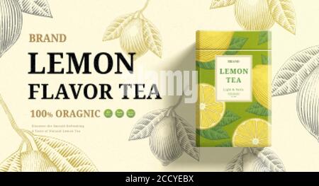 Lemon mint tea ads with engraving ingredients background on beige background, 3d illustration green and yellow packaging Stock Vector