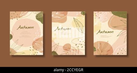 Elegant line style autumn leaves flyer set with translucent color background Stock Vector