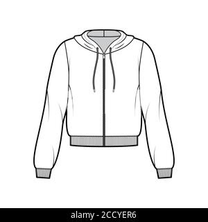 Zip-up cotton-fleece hoodie technical fashion illustration with relaxed fit, long sleeves, ribbed trims. Flat jumper apparel template front, white, color. Women, men, unisex sweatshirt top CAD mockup Stock Vector