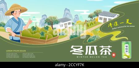 Winter melon drink banner ads, farmer pushing a cart full of fruit background, Chinese translation: white gourd tea, a cool summer Stock Vector