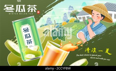 Winter melon drink banner ads with flying fruit and aluminum can, farmer drinking beverage in field, Chinese translation: white gourd tea, a cool summ Stock Vector