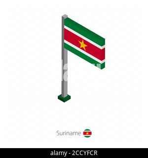 Suriname Flag on Flagpole in Isometric dimension. Isometric blue background. Vector illustration. Stock Vector
