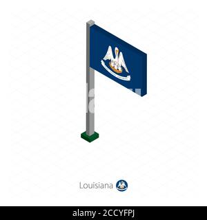 Louisiana US state flag on flagpole in isometric dimension. Isometric blue background. Vector illustration. Stock Vector