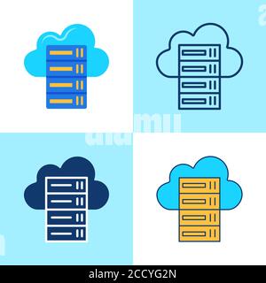 Hosting icon set in flat and line style. Cloud computing concept, data center symbol. Vector illustration. Stock Vector