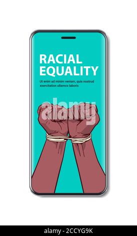 african american black fists tied with rope on smartphone screen stop racism racial equality black lives matter concept vertical copy space vector illustration Stock Vector