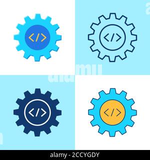 Web development icon set in flat and line style. Gear and html syntax symbols. Vector illustration. Stock Vector