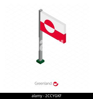 Greenland Flag on Flagpole in Isometric dimension. Isometric blue background. Vector illustration. Stock Vector