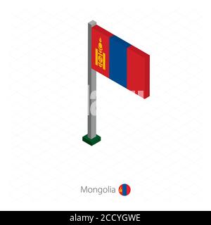 Mongolia Flag on Flagpole in Isometric dimension. Isometric blue background. Vector illustration. Stock Vector