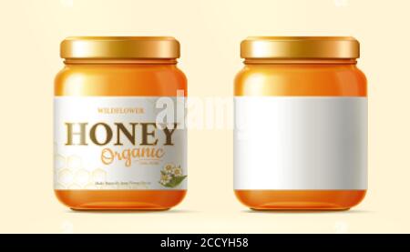 Realistic golden honey jar mock-up isolated on yellow background, one with label design and one without Stock Vector