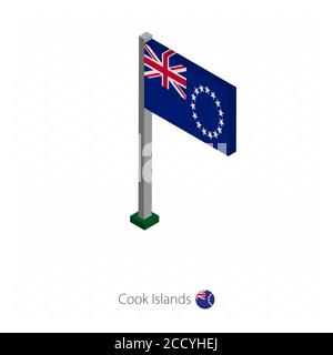Cook Islands Flag on Flagpole in Isometric dimension. Isometric blue background. Vector illustration. Stock Vector
