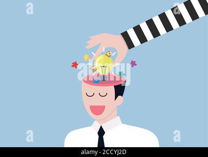 Thief stealing idea from a businessman head. The counterfeit board games crisis. Vector illustration Stock Vector