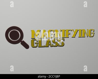 magnifying glass icon and text on the wall, 3D illustration Stock Photo