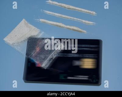 Crystal drug with bag and cash card Stock Photo