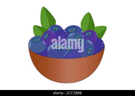 Blueberry in a bowl isolated on white background. Juicy berries in deep dish plate. Heap of ripe blueberry. Organic fruit. Stock vector illustration Stock Vector