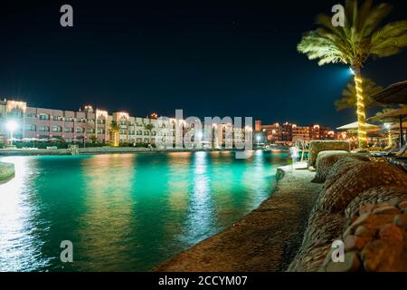 Egypt, Hurghada bay with hotel buildings at summer night panoramic view Stock Photo