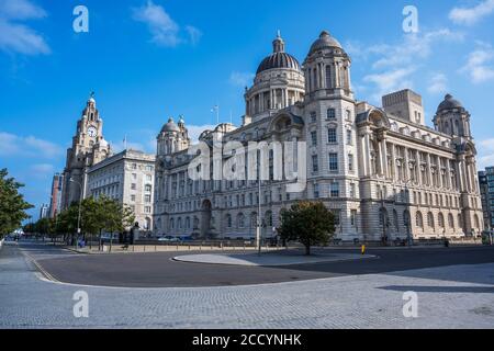 The Three Graces - Royal Liver Building, Cunard Building and Port of Liverpool Building on Pier Head, Liverpool, England, UK Stock Photo