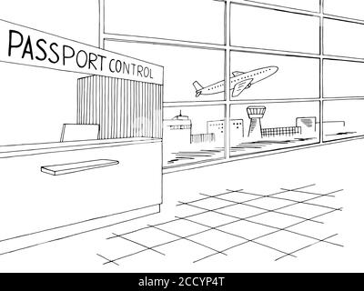 Passport control airport interior graphic black white sketch illustration vector Stock Vector
