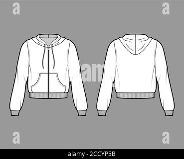 Zip-up cotton-fleece hoodie technical fashion illustration with relaxed fit, long sleeves, ribbed trims, front pocket. Flat jumper template front, back, white color. Women, men, unisex sweatshirt top Stock Vector