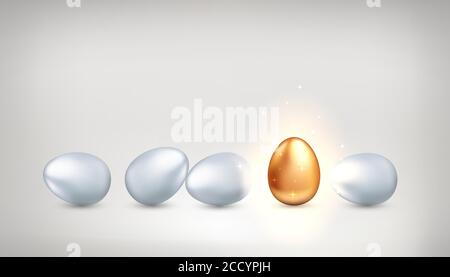 Unique golden egg in row of ordinary white eggs Vector Image