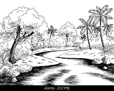 Jungle river rain forest graphic black white landscape sketch illustration vector Stock Vector