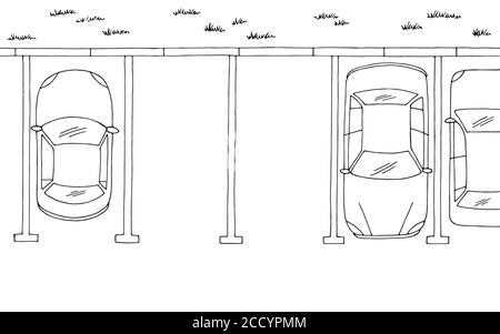 Parking top aerial view graphic black white sketch landscape illustration vector Stock Vector