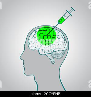 Introducing new information, replacement, adjustment memory. Syringe injection into the brain of a truth serum straightening out curves, brainwashing Stock Vector