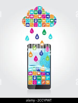 Rain from mobile apps: applications in the form of drops downloaded and installed to smartphone from the cloud Stock Vector