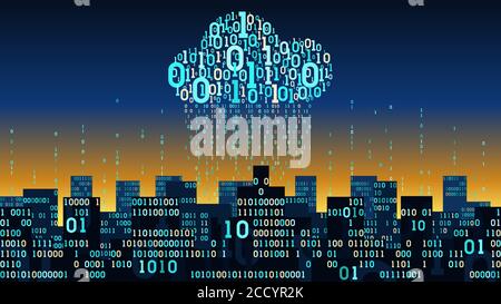 Abstract futuristic smart city with the Internet of things and artificial intelligence, connected to cloud storage of big data, binary rain - data str Stock Vector
