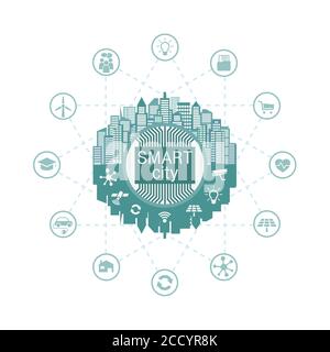 Smart city with advanced smart services, social networking, the Internet of things, connected to the Central server. Concept of smart city. Background Stock Vector