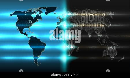 World map with continents from a binary code with a background of ...
