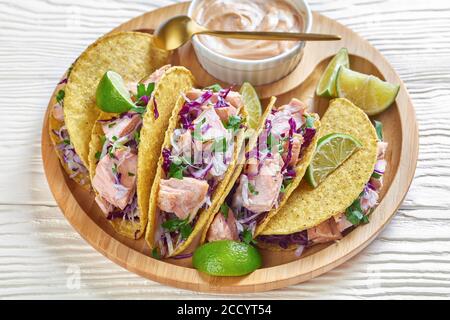fish tacos with red cabbage salad with spicy yogurt sauce sprinkled with finely chopped parsley served on a bamboo plate on a white wooden table, hori Stock Photo