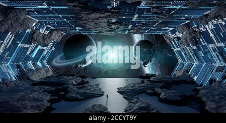 Huge blueish asteroid spaceship interior 3D rendering elements of this image furnished by NASA Stock Photo