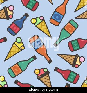 Seamless pattern with wine bottles and ice cream cones. Design for gift paper, pattern fills, web page background, greeting cards. Vector EPS 10 Stock Vector