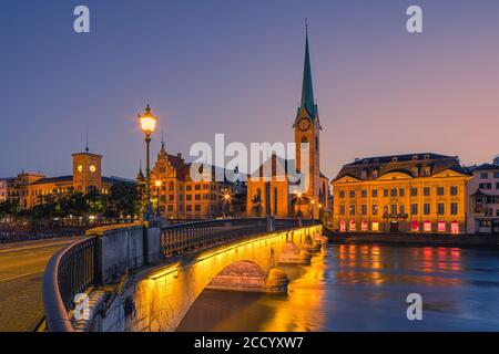 The Münsterbrücke is a pedestrian and road bridge over the Limmat in the city of Zürich, Switzerland. It is listed in the Swiss inventory of cultural Stock Photo