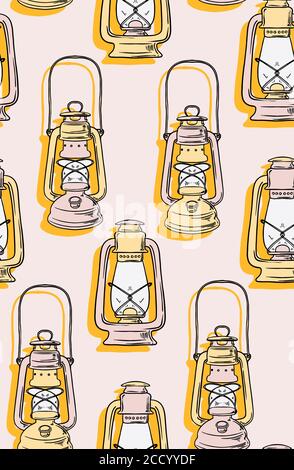 Retro lantern decoration. Traditional vintage camping light, festival oriental fabrics texture, seamless pattern in pink yellow colors. Gralming candl Stock Vector