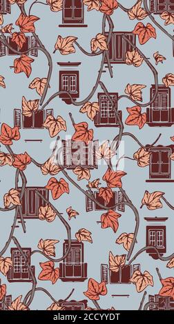 Cute balcony plants decoration. House windows design, seamless old rown exterior floral repeat decor, climbing flowers plant wall art. Stock Vector