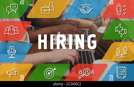 Job recruitment concept. Office employees working on laptop computers, collage with business pictograms and word HIRING Stock Photo