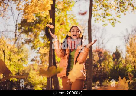 Photo of pretty charming lady beaming smiling throwing yellowed falling leaves trees around quiet corner city park wear headphones scarf green Stock Photo