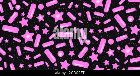 Sprinkle realistic with grains of desserts. Seamless pattern pink sprinkles grainy and random gold starry falling on black. Design for holiday, party, Stock Vector