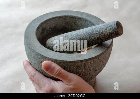Hand grinds the dried roots of medicinal herbs in stone mortar. Caucasian middle-aged man. Alternative medicine. Medicinal herbs. Stock Photo