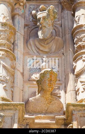 Quispe Sisa and Francisco Pizarro busts. House-Palace of Marquis of Conquest or Marques de la Conquista, Trujillo, Spain. Stock Photo