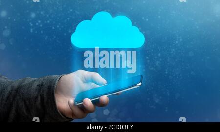 Conceptual Image Of Smartphone Synchronising Virtual Data From Cloud Storage Stock Photo