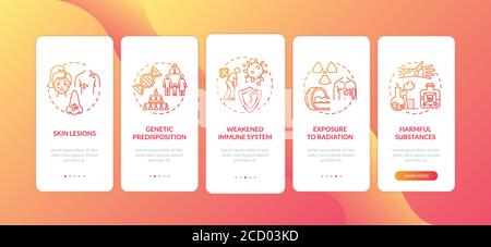 Skin cancer risk factors onboarding mobile app page screen with concepts Stock Vector