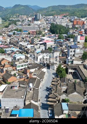 Nanyang. 25th Aug, 2020. Aerial photo taken Aug. 25, 2020 shows a view of an ancient street in Jingziguan Township of Xichuan County, central China's Henan Province. Jingziguan Township is located on the border of Henan, Hubei and Shaanxi provinces. The ancient street here is a former trade center and boasts hundreds of well-preserved ancient buildings dating back to the Ming Dynasty (1368-1644) and the Qing Dynasty (1644-1911). Credit: Feng Dapeng/Xinhua/Alamy Live News Stock Photo