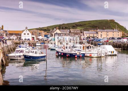Boats moored in West Bay Harbour, Bridport, Dorset, England, UK with East Cliff in background. Stock Photo