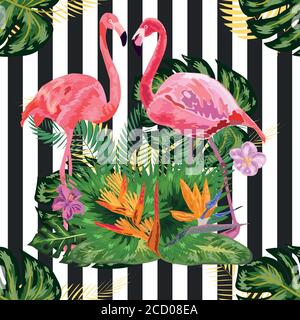 pink flamingos hibiscus, monstera, banana leaf Tropic summer seamless pattern. black white striped background. Stock Vector