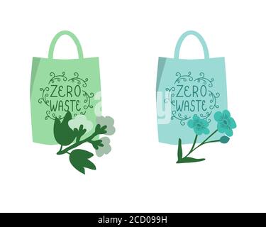 Reusable bags icons with cotton and flax branches Stock Vector
