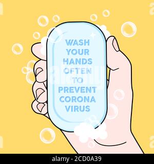 Wash your hands often to prevent Corona virus. illustration of a hand holding a bar of soap against the COVID 19 Stock Vector