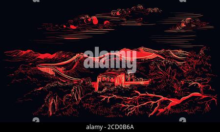 Sketch of the Great Wall of China, landmark of China. Vector hand drawing illustration in red colors isolated on black background. Stock Vector